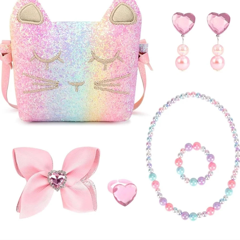 Glittery Cat Face Kids Accessory Set - Pink and Pastel